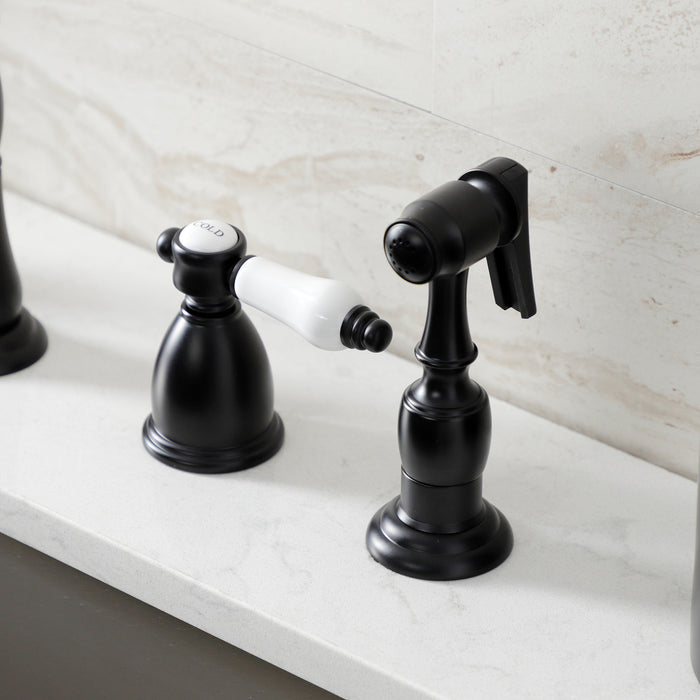 Kingston Heirloom KB1790BPLBS - Bel-Air Double-Handle Widespread Kitchen Faucet with Brass Sprayer, Matte Black