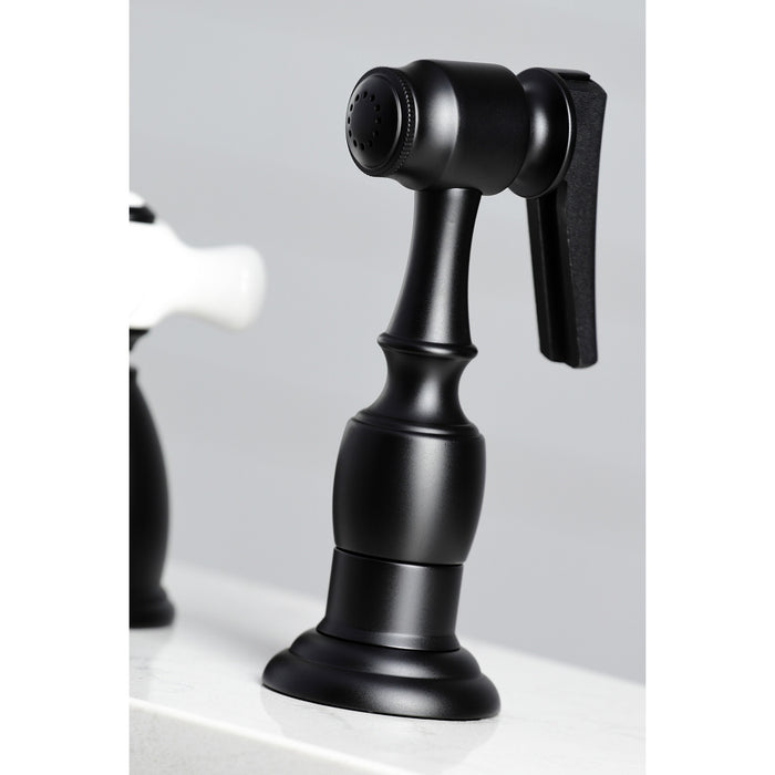 Kingston Heirloom KB1790PXBS - Heritage Double-Handle 4-Hole Widespread Kitchen Faucet with Brass Sprayer, Matte Black