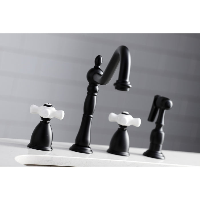 Kingston Heirloom KB1790PXBS - Heritage Double-Handle 4-Hole Widespread Kitchen Faucet with Brass Sprayer, Matte Black