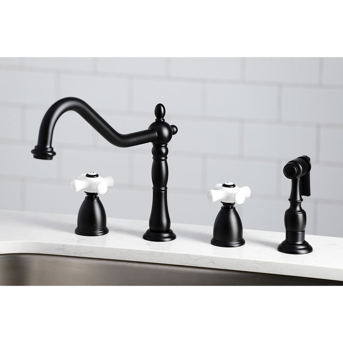 Kingston Heirloom KB1790PXBS - Heritage Double-Handle 4-Hole Widespread Kitchen Faucet with Brass Sprayer, Matte Black