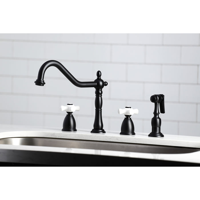 Kingston Heirloom KB1790PXBS - Heritage Double-Handle 4-Hole Widespread Kitchen Faucet with Brass Sprayer, Matte Black