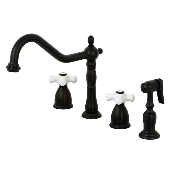 Kingston Heirloom KB1790PXBS - Heritage Double-Handle 4-Hole Widespread Kitchen Faucet with Brass Sprayer, Matte Black