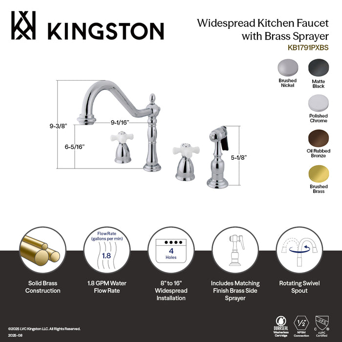 Kingston Heirloom KB1791PXBS - Heritage Double-Handle 4-Hole Widespread Kitchen Faucet with Brass Sprayer, Polished Chrome