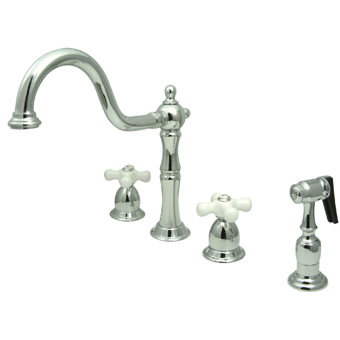 Kingston Heirloom KB1791PXBS - Heritage Double-Handle 4-Hole Widespread Kitchen Faucet with Brass Sprayer, Polished Chrome