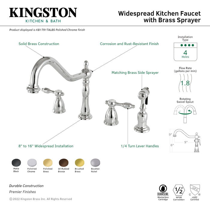 Kingston Heirloom KB1791TALBS - Tudor Double-Handle 4-Hole Widespread Kitchen Faucet with Brass Sprayer, Polished Chrome