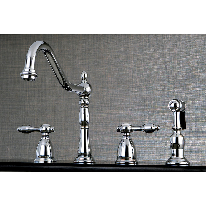 Kingston Heirloom KB1791TALBS - Tudor Double-Handle 4-Hole Widespread Kitchen Faucet with Brass Sprayer, Polished Chrome