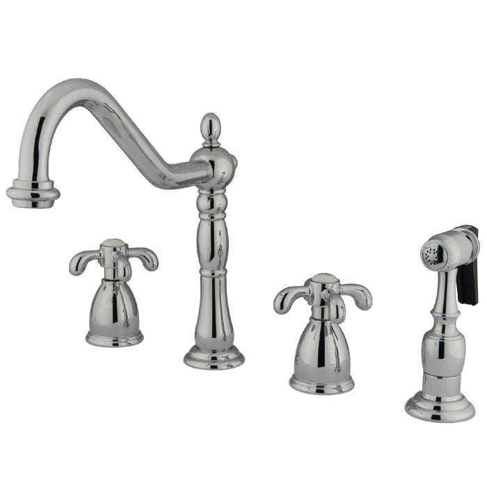 Kingston Heirloom KB1791TXBS - French Country Double-Handle 4-Hole Widespread Kitchen Faucet with Brass Sprayer, Polished Chrome
