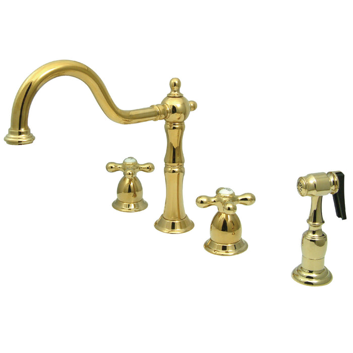 Kingston Heirloom KB1792AXBS - Heritage Double-Handle 4-Hole Widespread Kitchen Faucet with Brass Sprayer, Polished Brass