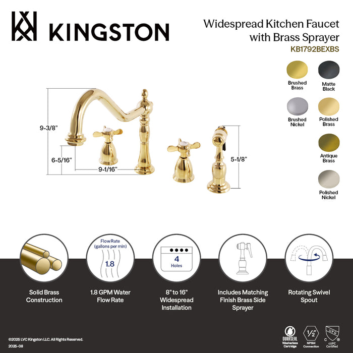 Kingston Heirloom KB1792BEXBS - Essex Double-Handle 4-Hole Widespread Kitchen Faucet with Brass Sprayer, Polished Brass