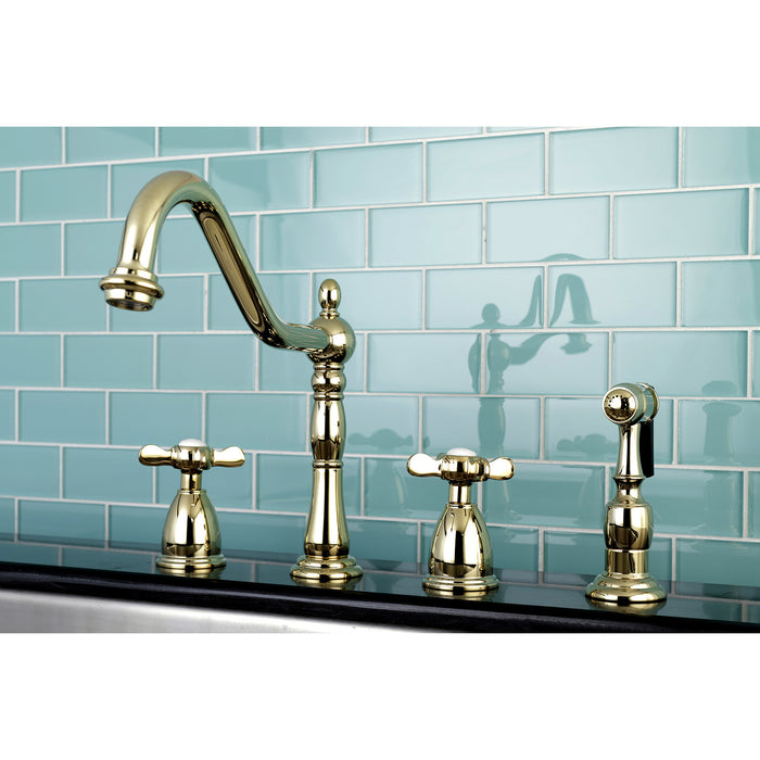 Kingston Heirloom KB1792BEXBS - Essex Double-Handle 4-Hole Widespread Kitchen Faucet with Brass Sprayer, Polished Brass