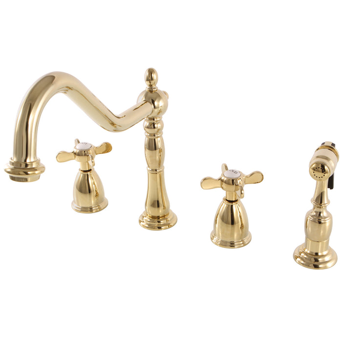 Kingston Heirloom KB1792BEXBS - Essex Double-Handle 4-Hole Widespread Kitchen Faucet with Brass Sprayer, Polished Brass