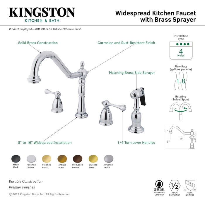 Kingston Heirloom KB1792BLBS - Heritage Double-Handle 4-Hole Widespread Kitchen Faucet with Brass Sprayer, Polished Brass