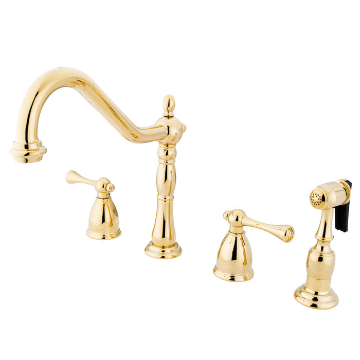 Kingston Heirloom KB1792BLBS - Heritage Double-Handle 4-Hole Widespread Kitchen Faucet with Brass Sprayer, Polished Brass