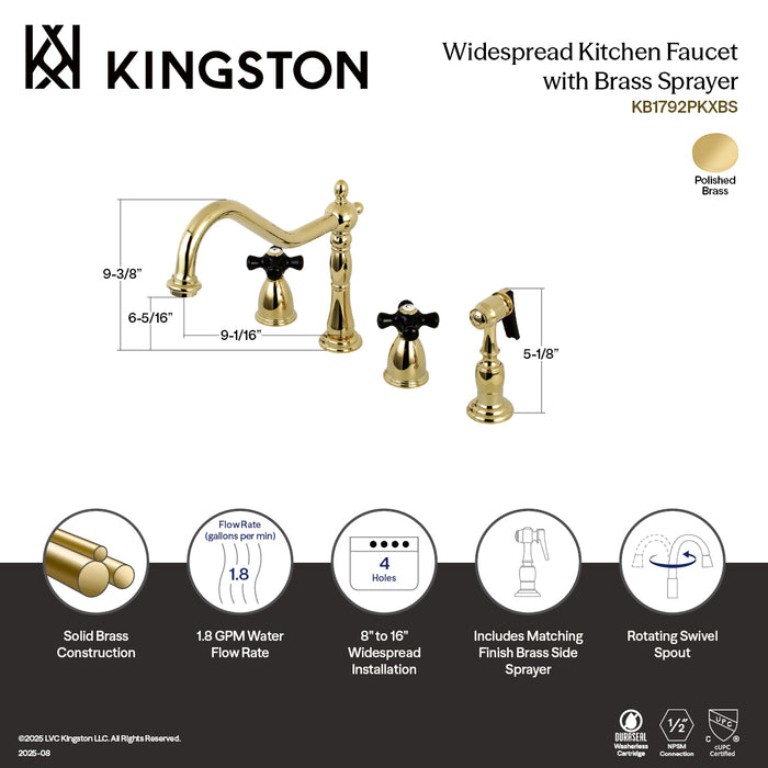 Duchess KB1792PKXBS Double-Handle 4-Hole Widespread Kitchen Faucet with Brass Sprayer, Polished Brass