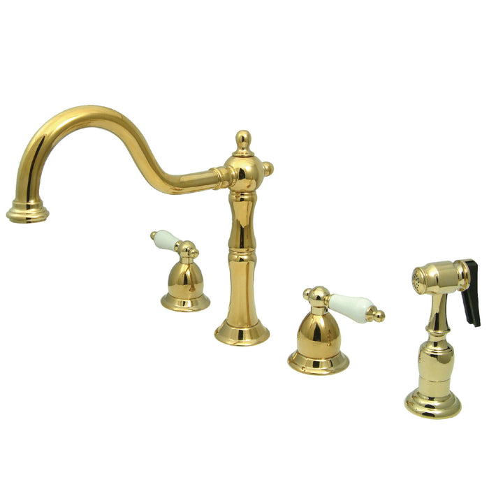 Kingston Heirloom KB1792PLBS - Heritage Double-Handle 4-Hole Widespread Kitchen Faucet with Brass Sprayer, Polished Brass