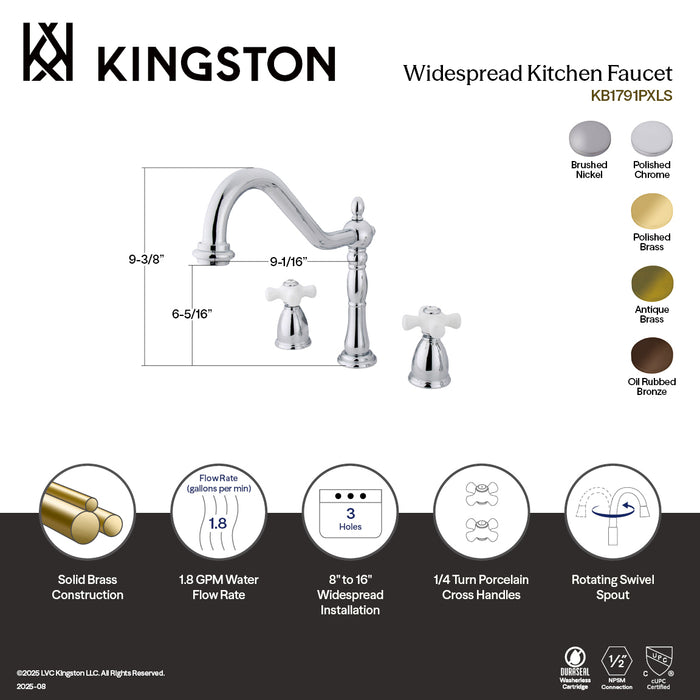 Kingston Heirloom KB1792PXLS - Heritage Double-Handle 3-Hole Widespread Kitchen Faucet, Polished Brass