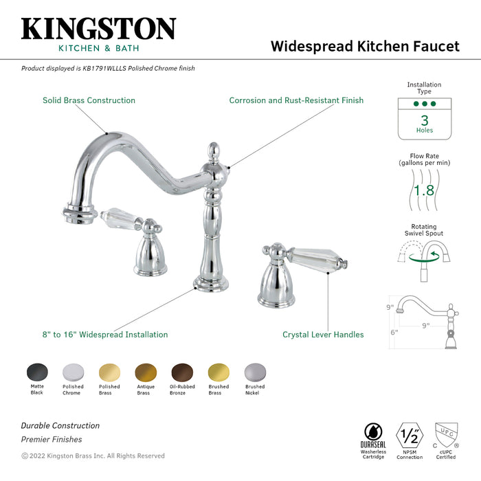 Kingston Heirloom KB1792WLLLS - Wilshire Double-Handle 3-Hole Widespread Kitchen Faucet, Polished Brass