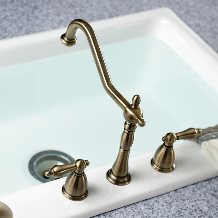 Kingston Heirloom KB1793ALLS - Heritage Double-Handle 3-Hole Widespread Kitchen Faucet, Antique Brass