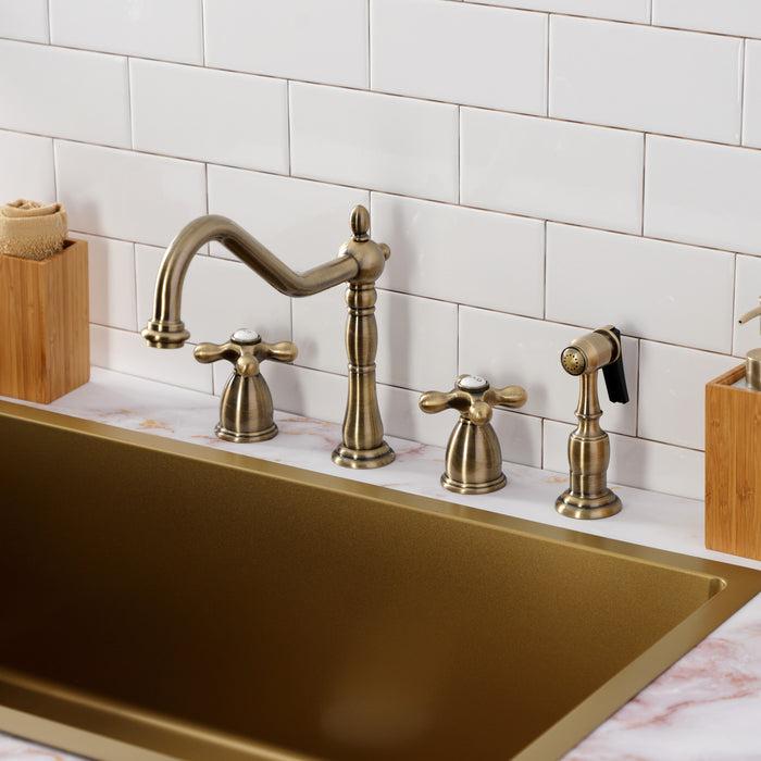 Kingston Heirloom KB1793AXBS - Heritage Double-Handle 4-Hole Widespread Kitchen Faucet with Brass Sprayer, Antique Brass