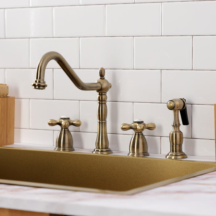 Kingston Heirloom KB1793AXBS - Heritage Double-Handle 4-Hole Widespread Kitchen Faucet with Brass Sprayer, Antique Brass