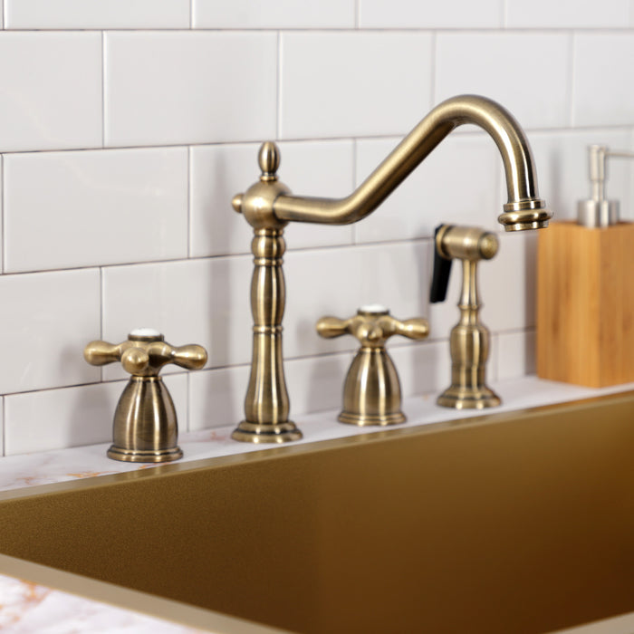 Kingston Heirloom KB1793AXBS - Heritage Double-Handle 4-Hole Widespread Kitchen Faucet with Brass Sprayer, Antique Brass