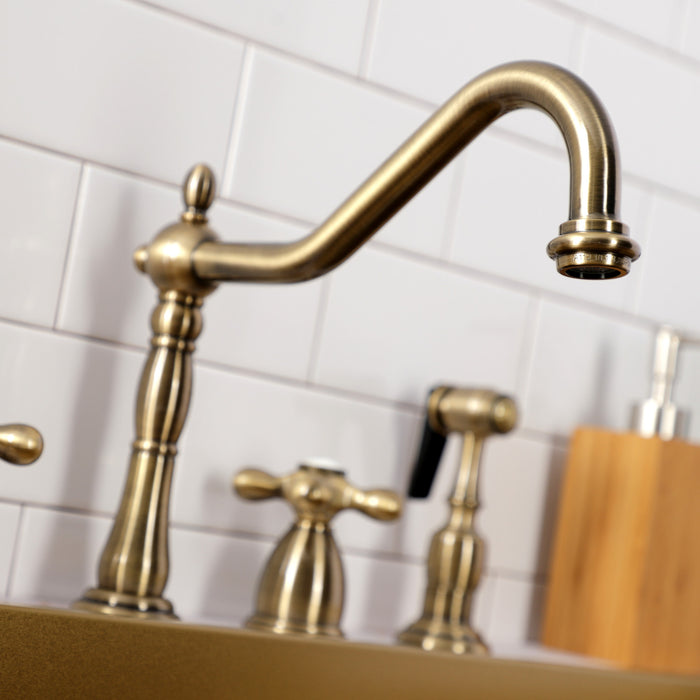 Kingston Heirloom KB1793AXBS - Heritage Double-Handle 4-Hole Widespread Kitchen Faucet with Brass Sprayer, Antique Brass
