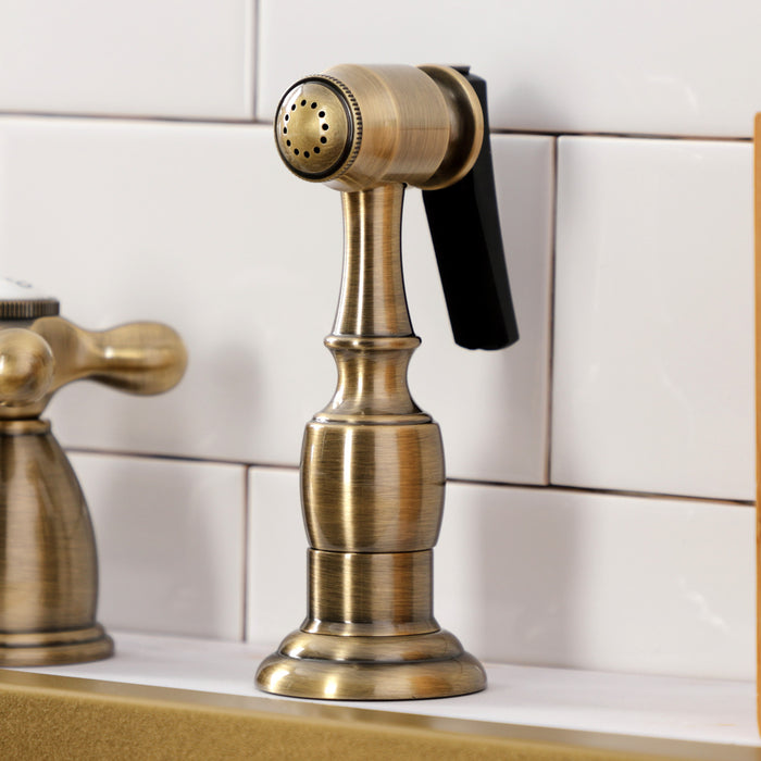 Kingston Heirloom KB1793AXBS - Heritage Double-Handle 4-Hole Widespread Kitchen Faucet with Brass Sprayer, Antique Brass