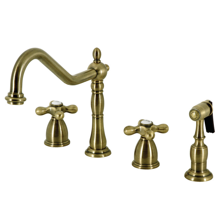 Kingston Heirloom KB1793AXBS - Heritage Double-Handle 4-Hole Widespread Kitchen Faucet with Brass Sprayer, Antique Brass