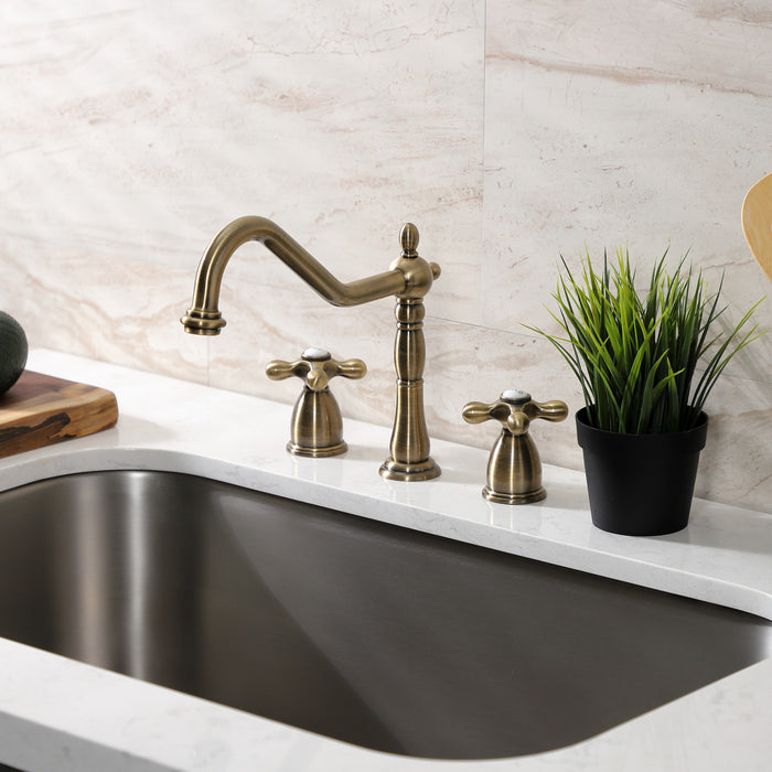 Kingston Heirloom KB1793AXLS - Heritage Double-Handle 3-Hole Widespread Kitchen Faucet, Antique Brass