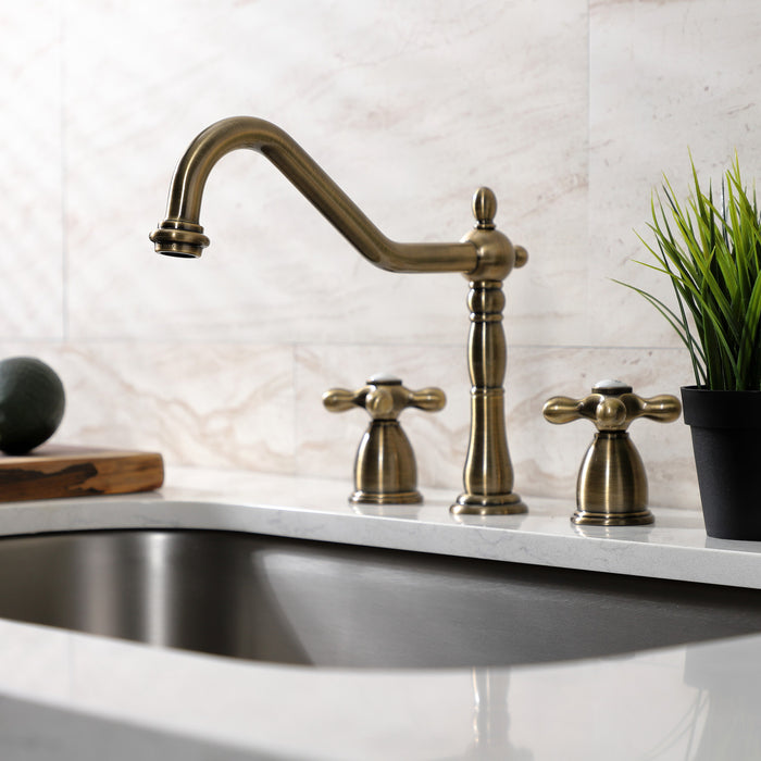 Kingston Heirloom KB1793AXLS - Heritage Double-Handle 3-Hole Widespread Kitchen Faucet, Antique Brass