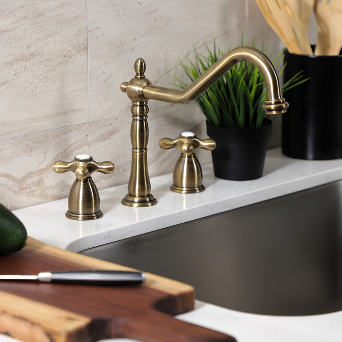 Kingston Heirloom KB1793AXLS - Heritage Double-Handle 3-Hole Widespread Kitchen Faucet, Antique Brass