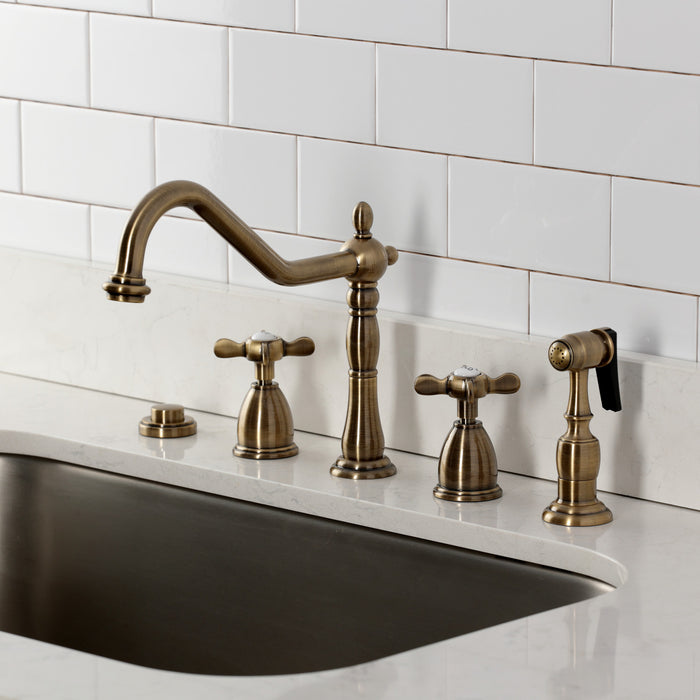 Kingston Heirloom KB1793BEXBS - Essex Double-Handle 4-Hole Widespread Kitchen Faucet with Brass Sprayer, Antique Brass