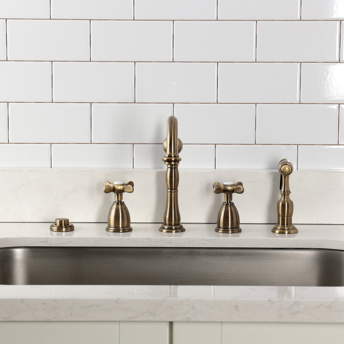 Kingston Heirloom KB1793BEXBS - Essex Double-Handle 4-Hole Widespread Kitchen Faucet with Brass Sprayer, Antique Brass