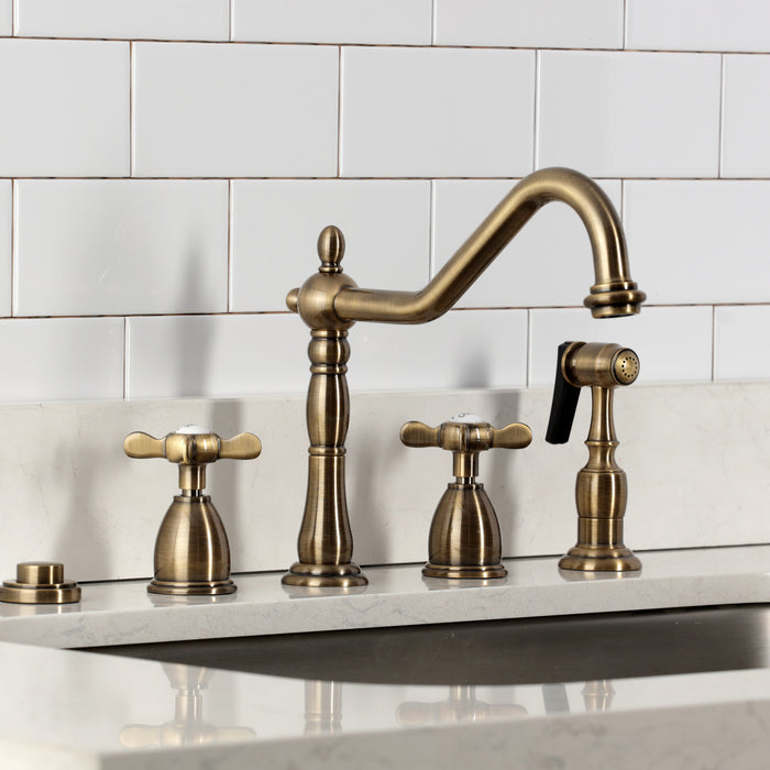 Kingston Heirloom KB1793BEXBS - Essex Double-Handle 4-Hole Widespread Kitchen Faucet with Brass Sprayer, Antique Brass