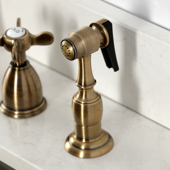 Kingston Heirloom KB1793BEXBS - Essex Double-Handle 4-Hole Widespread Kitchen Faucet with Brass Sprayer, Antique Brass