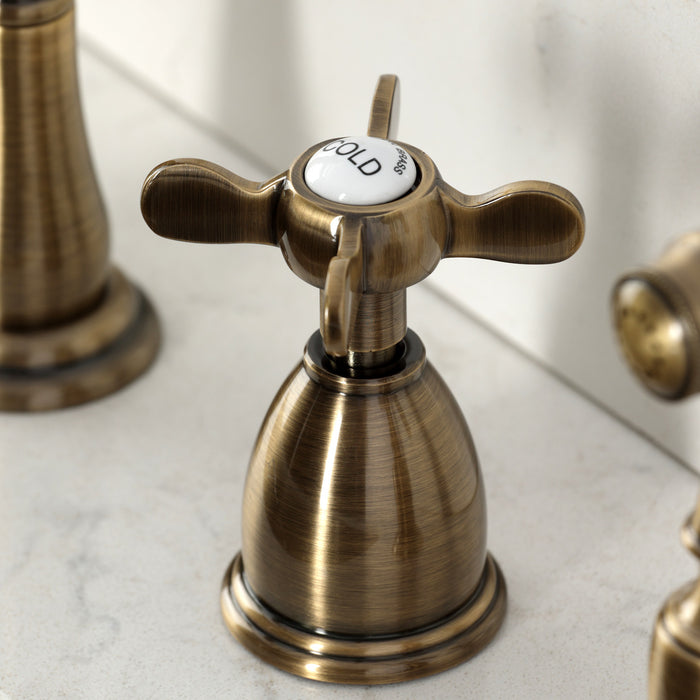 Kingston Heirloom KB1793BEXBS - Essex Double-Handle 4-Hole Widespread Kitchen Faucet with Brass Sprayer, Antique Brass