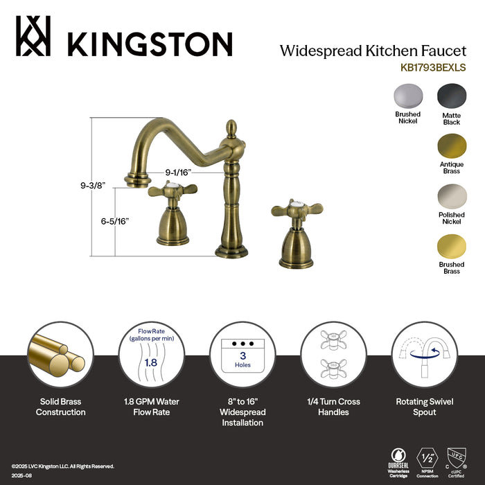 Kingston Heirloom KB1793BEXLS - Essex Double-Handle 3-Hole Widespread Kitchen Faucet, Antique Brass