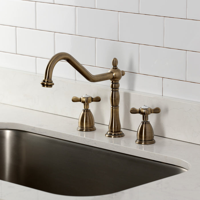 Kingston Heirloom KB1793BEXLS - Essex Double-Handle 3-Hole Widespread Kitchen Faucet, Antique Brass