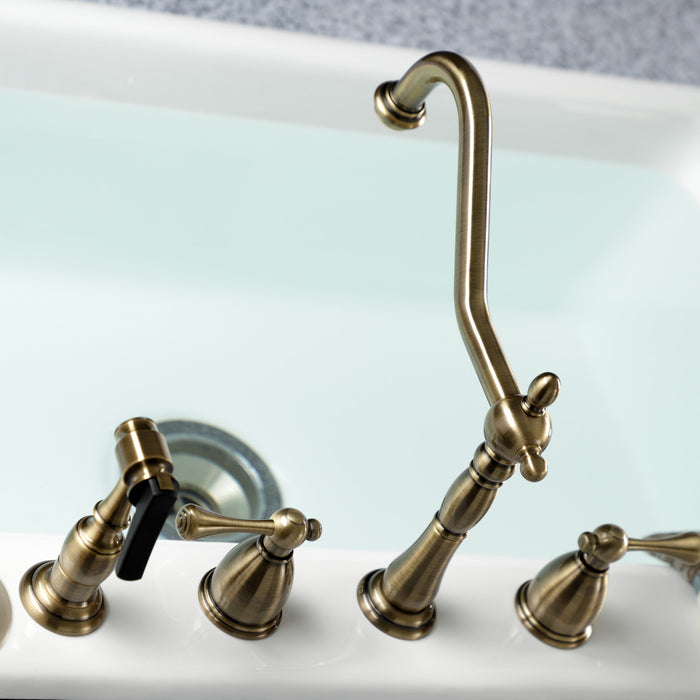 Kingston Heirloom KB1793BLBS - Heritage Double-Handle 4-Hole Widespread Kitchen Faucet with Brass Sprayer, Antique Brass