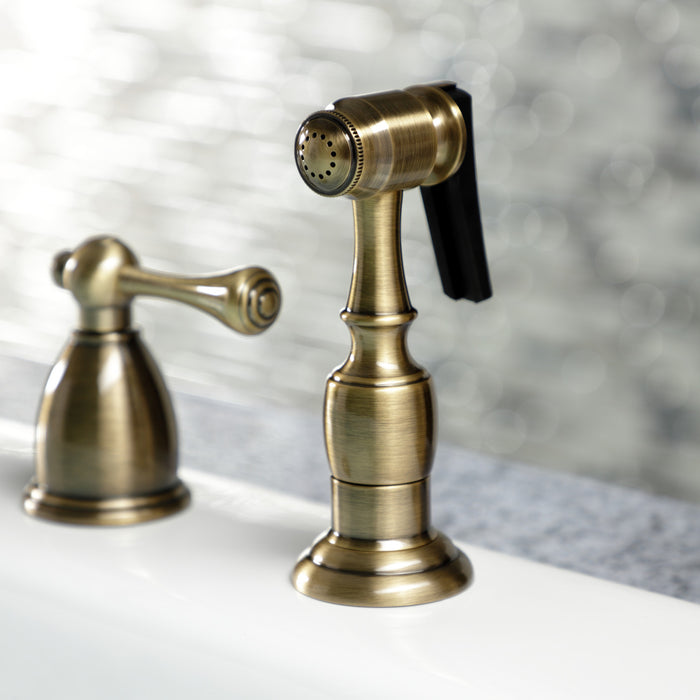 Kingston Heirloom KB1793BLBS - Heritage Double-Handle 4-Hole Widespread Kitchen Faucet with Brass Sprayer, Antique Brass