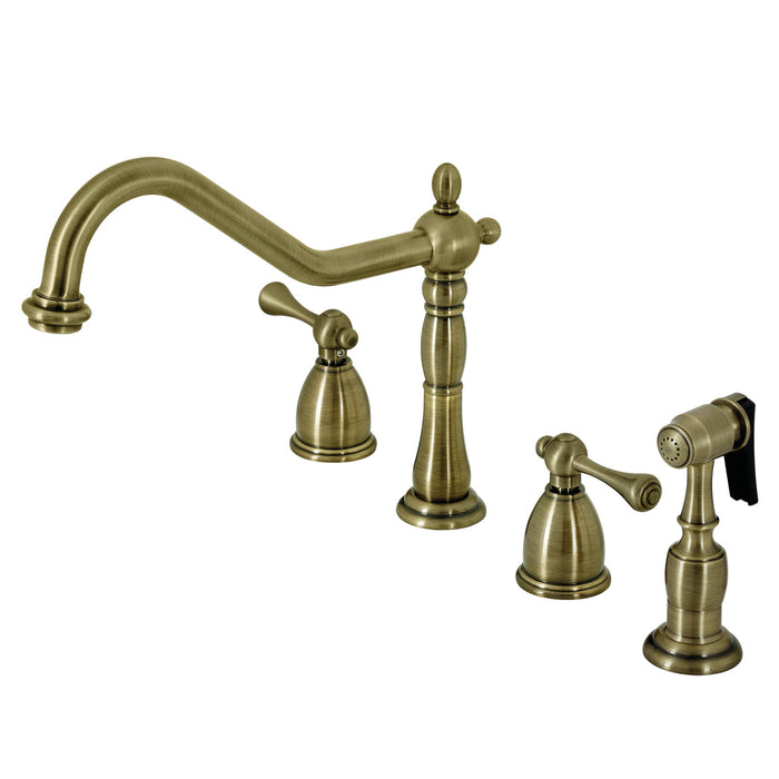 Kingston Heirloom KB1793BLBS - Heritage Double-Handle 4-Hole Widespread Kitchen Faucet with Brass Sprayer, Antique Brass