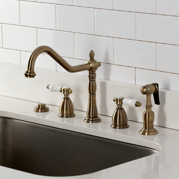 Bel-Air KB1793BPLBS Double-Handle Widespread Kitchen Faucet with Brass Sprayer, Antique Brass
