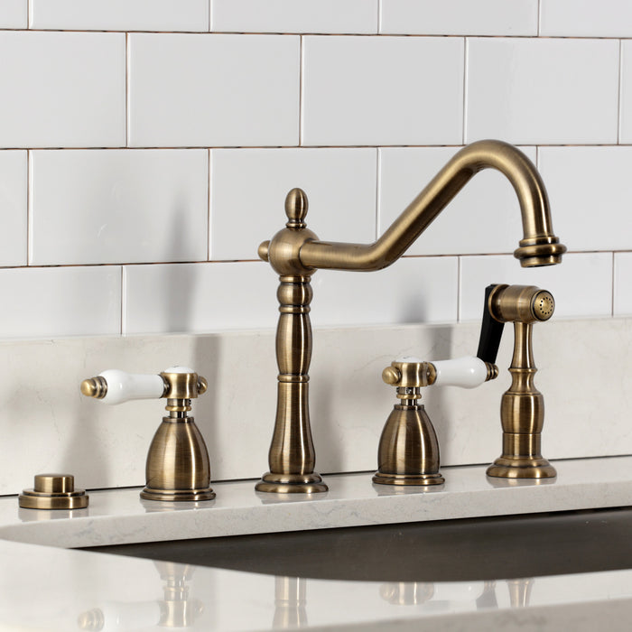 Bel-Air KB1793BPLBS Double-Handle Widespread Kitchen Faucet with Brass Sprayer, Antique Brass
