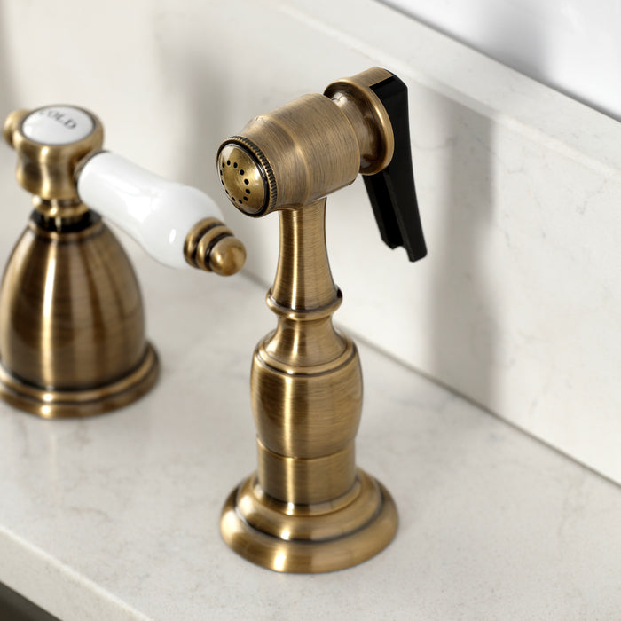 Bel-Air KB1793BPLBS Double-Handle Widespread Kitchen Faucet with Brass Sprayer, Antique Brass