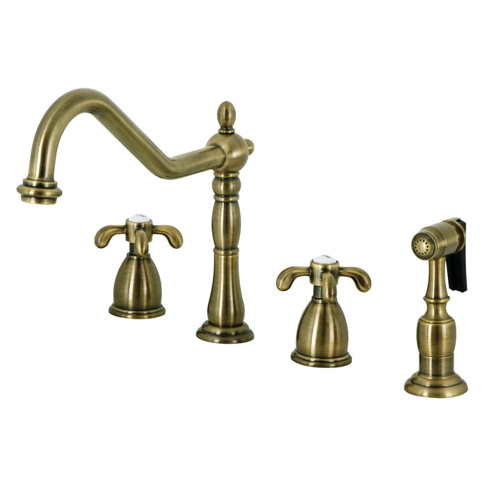 Kingston Heirloom KB1793TXBS - French Country Double-Handle 4-Hole Widespread Kitchen Faucet with Brass Sprayer, Antique Brass