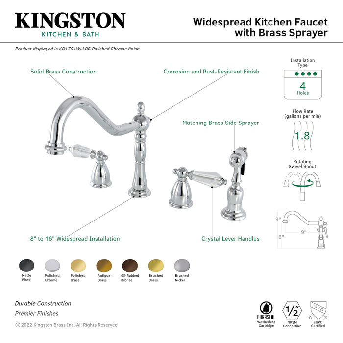 Kingston Heirloom KB1793WLLBS - Wilshire Double-Handle 4-Hole Widespread Kitchen Faucet with Brass Sprayer, Antique Brass
