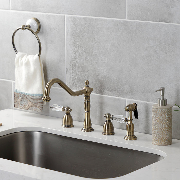 Kingston Heirloom KB1793WLLBS - Wilshire Double-Handle 4-Hole Widespread Kitchen Faucet with Brass Sprayer, Antique Brass