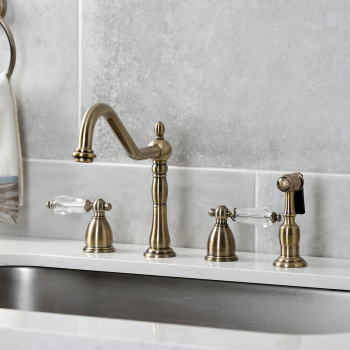 Kingston Heirloom KB1793WLLBS - Wilshire Double-Handle 4-Hole Widespread Kitchen Faucet with Brass Sprayer, Antique Brass