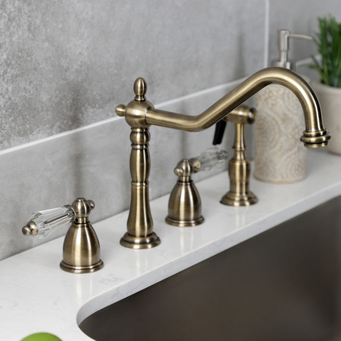 Kingston Heirloom KB1793WLLBS - Wilshire Double-Handle 4-Hole Widespread Kitchen Faucet with Brass Sprayer, Antique Brass