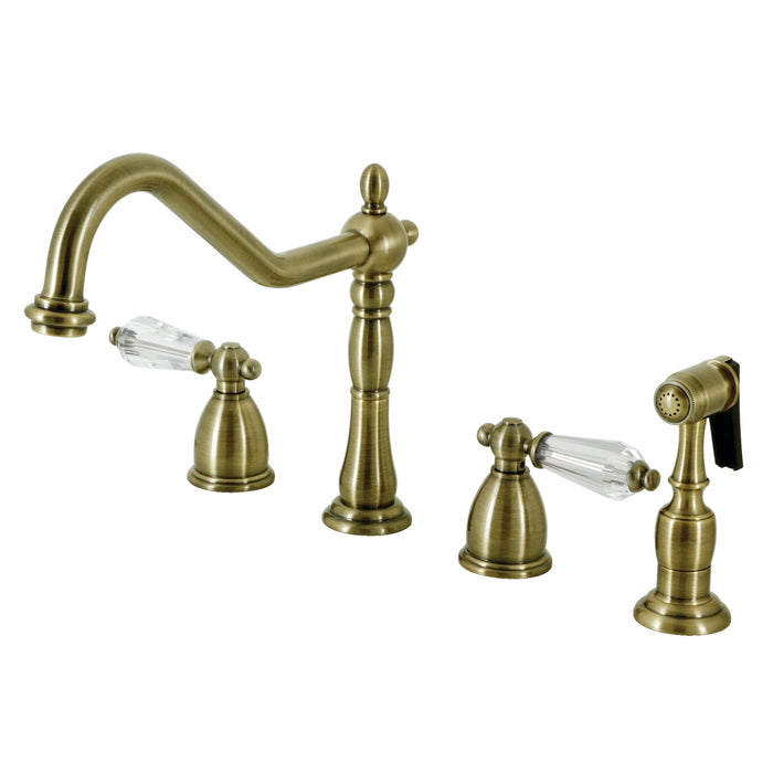 Kingston Heirloom KB1793WLLBS - Wilshire Double-Handle 4-Hole Widespread Kitchen Faucet with Brass Sprayer, Antique Brass